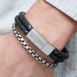 Pulseira masculina personalizada gravada • Aço inoxidável e couro preto • Presente personalizado para namorado e marido • Presente de dia dos pais para o pai