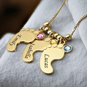 Engraved Baby Feet Gold Pendant Necklace with Birthstones • Personalized Custom-Made Handmade Jewelry for Mom Grandma • Christmas Gift