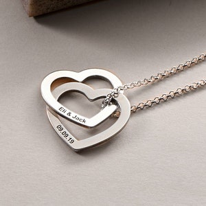 Personalized Engraved Interlocking Hearts Necklace in Silver • Women&#39;s Heart Shaped Pendant Jewelry for Her Wife Mom • Christmas Gift