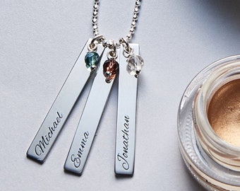 Engraved Bar Necklace with Birthstones Sterling Silver 925 • Custom Long Bar Dainty Pendant • Women New Mom Bridesmaid • Mother's Day Gift