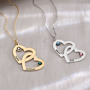 Custom-made Engraved Birthstone Women&#39;s Heart in Heart Necklace • Personalized Intertwined Two Hearts Jewelry • Christmas Gift