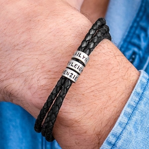 Pulsera personalizada de cordón de cuero negro o marrón para hombre con cuentas personalizadas • Joyas para él, novio y marido • Regalo del Día del Padre para papá