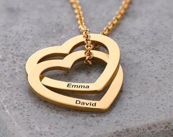 Custom Engraved Two Interlocking Hearts Gold Pendant Necklace • Personalized Jewelry for Mom Grandma Wife Girlfriend • Mother's Day Gift