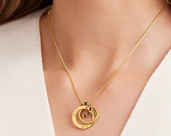 Customized Interlocking Rings Engraved Necklace with Diamonds • Personalized Pendant • Silver & Vermeil Jewelry for Wife • Christmas Gift