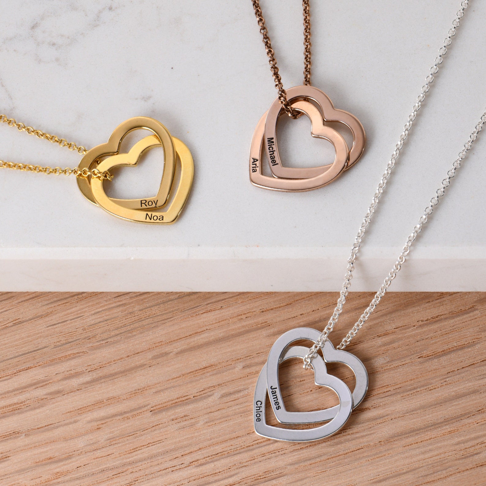 Custom Engraved Two Interlocking Hearts Gold Pendant Necklace Etsy