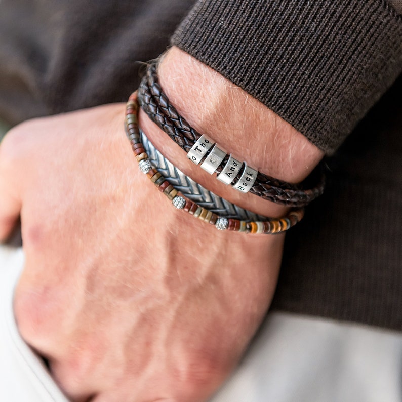 Personalized Men's Bracelet with Custom Engraved Beads Leather Cord with Silver / Gold plated Beads Father's Day jewelry Gift for Men image 7