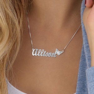 Personalized Butterfly Silver Name Necklace • Personalized Sterling 925 10K Gold Nameplate Necklaces Custom Jewelry for Her • Christmas Gift