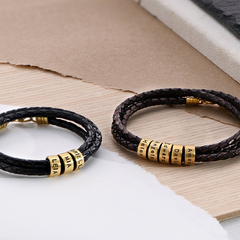 Engraved Small Beads Bracelet with Brown or Black Leather Cord Gold Vermeil Jewelry Father's Day Gift for Him Men Husband Boyfriend image 9