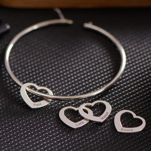 Personalized Bangle Bracelet Engraved Hearts Charms Pendants Gold Plating Over Sterling Silver 925 Custom Women Jewelry Mother's Day image 7