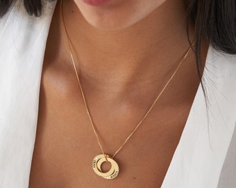 Customized 2 or 3 Rings Russian Ring Necklace with Birthstones • Engraved Multiple Circle Pendant • Silver Jewelry Family Mom Wife Her