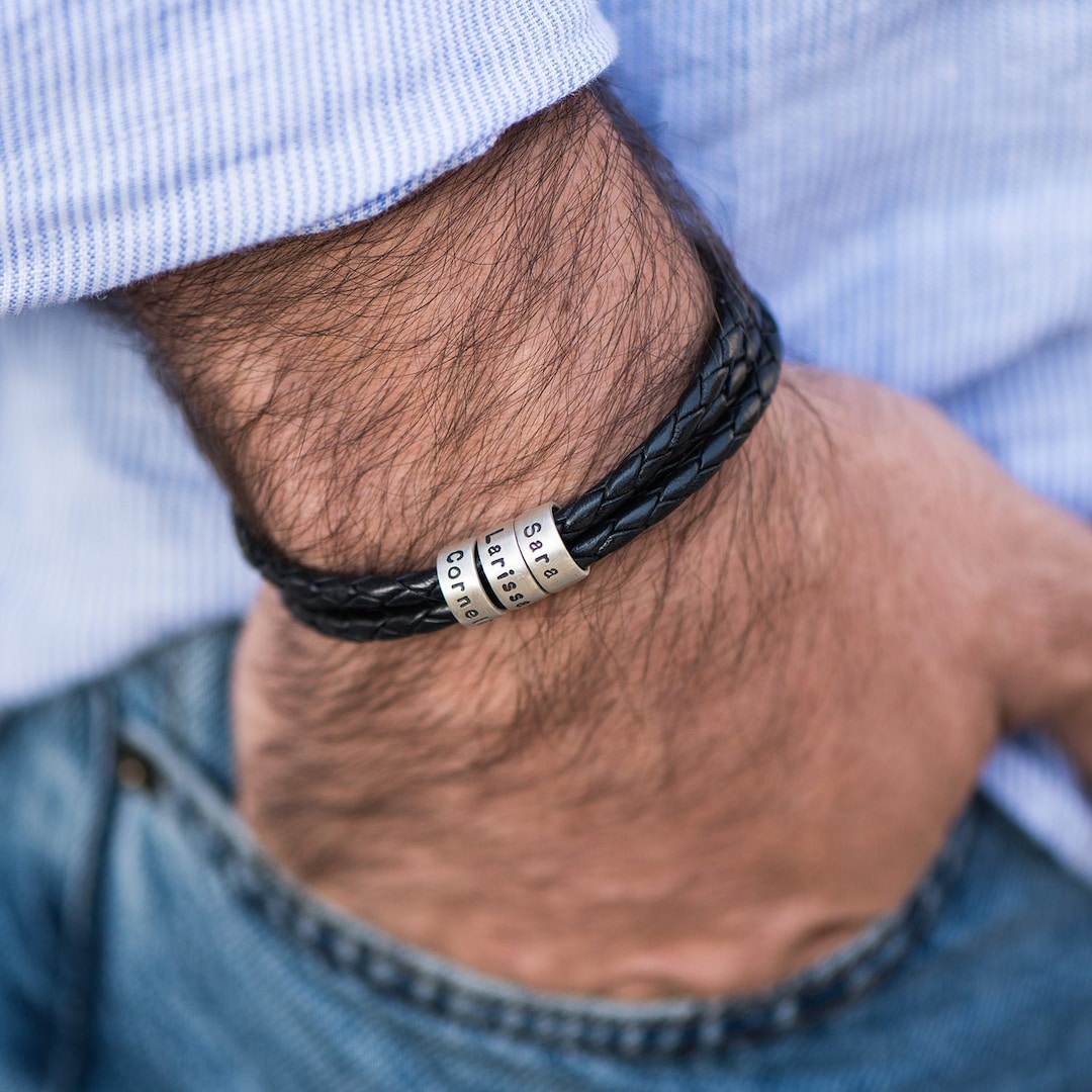 Customized Men's Leather Cord Bracelet With Small Beads 