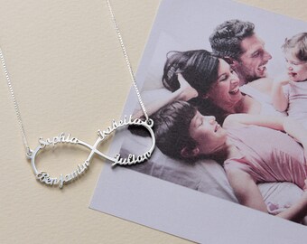 Personalized 4 Names Infinity Necklace • Silver 925 • Multiple Family Names • Jewelry for Mom, Her, Wife • Christmas Gift