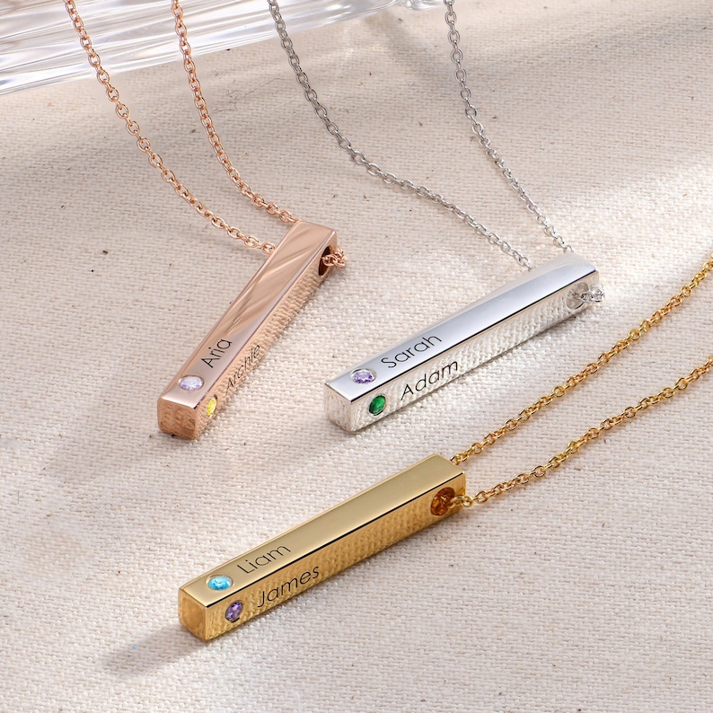Custom Engraved 3D Vertical Bar Birthstones Necklace Silver or Gold Personalized 4 Side Bar Jewelry for Mom Mother's Day Gift image 1
