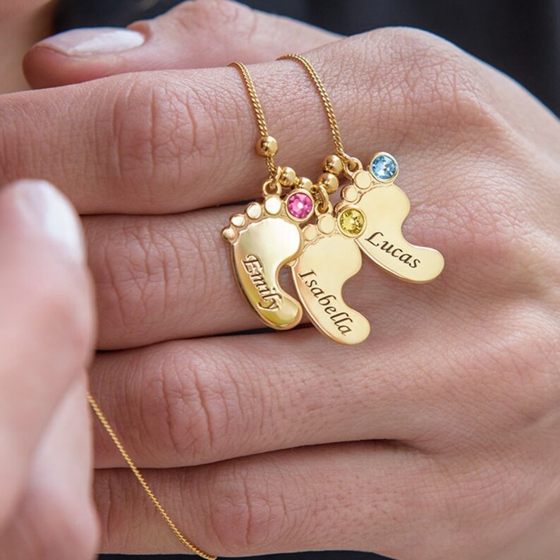 Engraved Baby Feet Gold Pendant Necklace With Birthstones Etsy