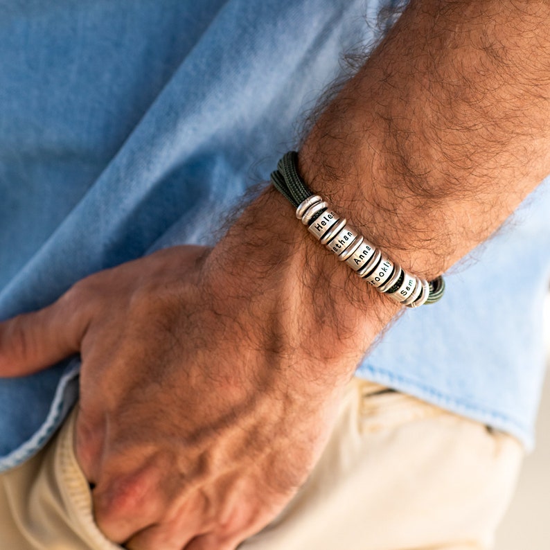 Personalized Men's Adjustable Cord Bracelet Engraved Name Beads with Black / Green Cord Father's Day Jewelry Gift for Him, Dad Husband image 2