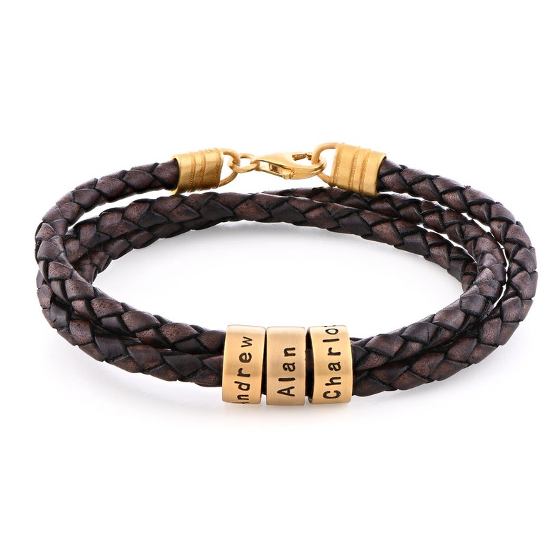 Engraved Small Beads Bracelet with Brown or Black Leather Cord Gold Vermeil Jewelry Father's Day Gift for Him Men Husband Boyfriend image 2