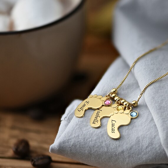 Engraved Baby Feet Gold Pendant Necklace With Birthstones Etsy