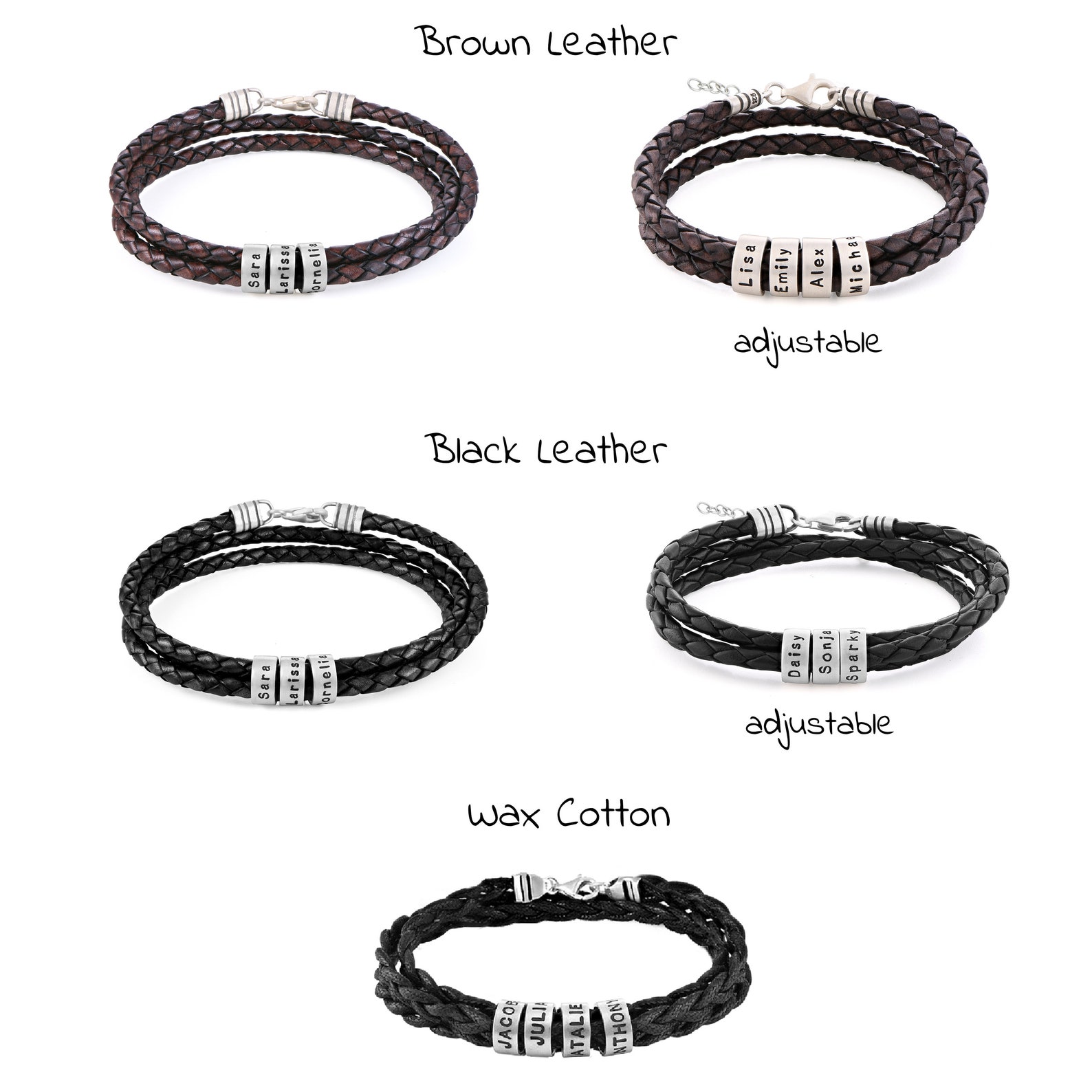 Customized Men's Leather Cord Bracelet With Small Beads Engraved Navigator Jewelry Personalized