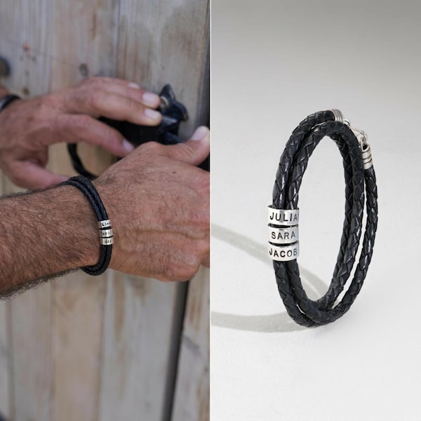 Personalized Men's Leather Bracelet | Custom Name Beads | Engraved Charms | Father’s Gift | Custom Family Name Bracelet | Minimalist Jewelry