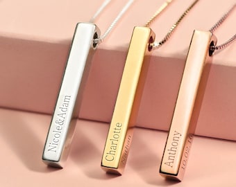 Personalized 3D Vertical Bar Necklace • Customized 4 Sides with Engraving • Jewelry Gifts for Her Mom Grandma Sister • Mother's Day Gift