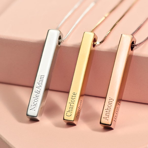 Personalized 3D Vertical Bar Necklace • Customized 4 Sides with Engraving • Jewelry Gifts for Her Mom Grandma Sister • Valentine's Day Gift