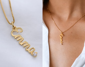 Custom Cursive Vertical Name Necklace with Diamond • Sterling Silver / Gold • Personalized Nameplate Jewelry for Her • Mother's Day Gift