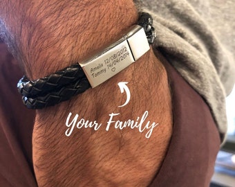 Personalized Engraved Man Bracelet • All Black Stainless Steel & Leather • Custom Jewelry Gift for Boyfriend Husband • Father's Day Gift