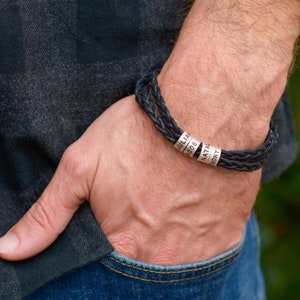 Custom Engraved Brown/Black Leather Bracelet with Small Silver Beads Personalized Names Father's Day Jewelry Gift for Him Dad Husband image 8