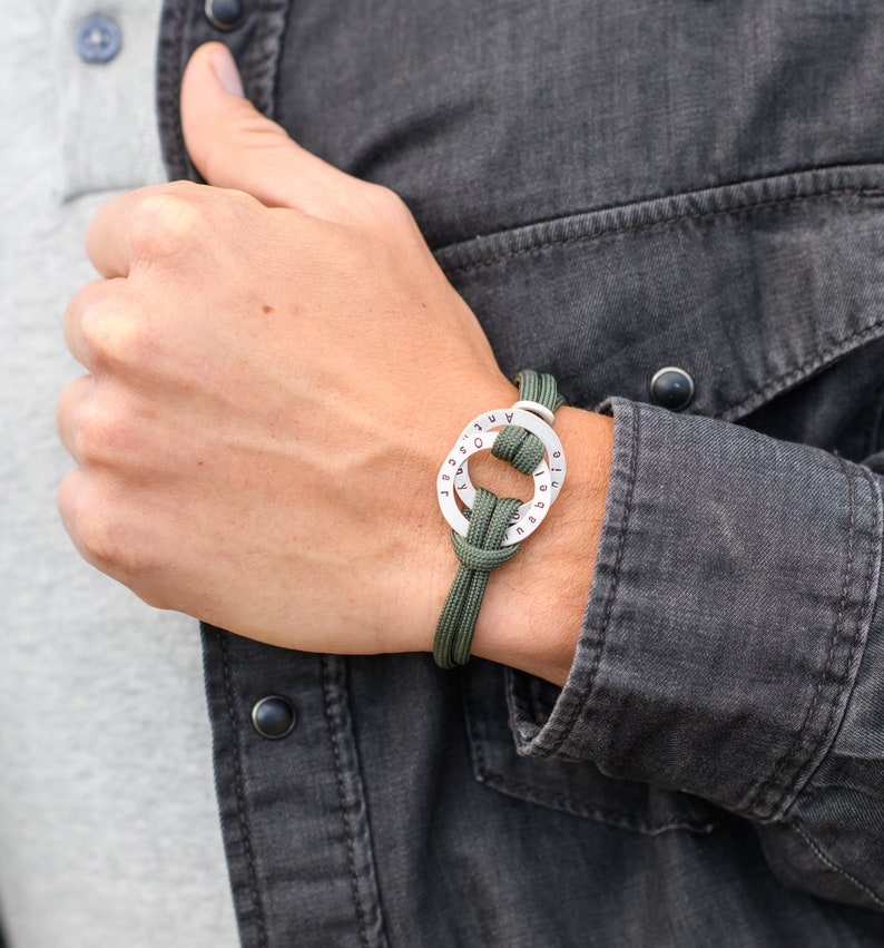 personalized gift Rope Men Bracelet Engraved Custom Hoop in Sterling Silver-Black or Green Cord Custom engraved bracelet Gifts for men
