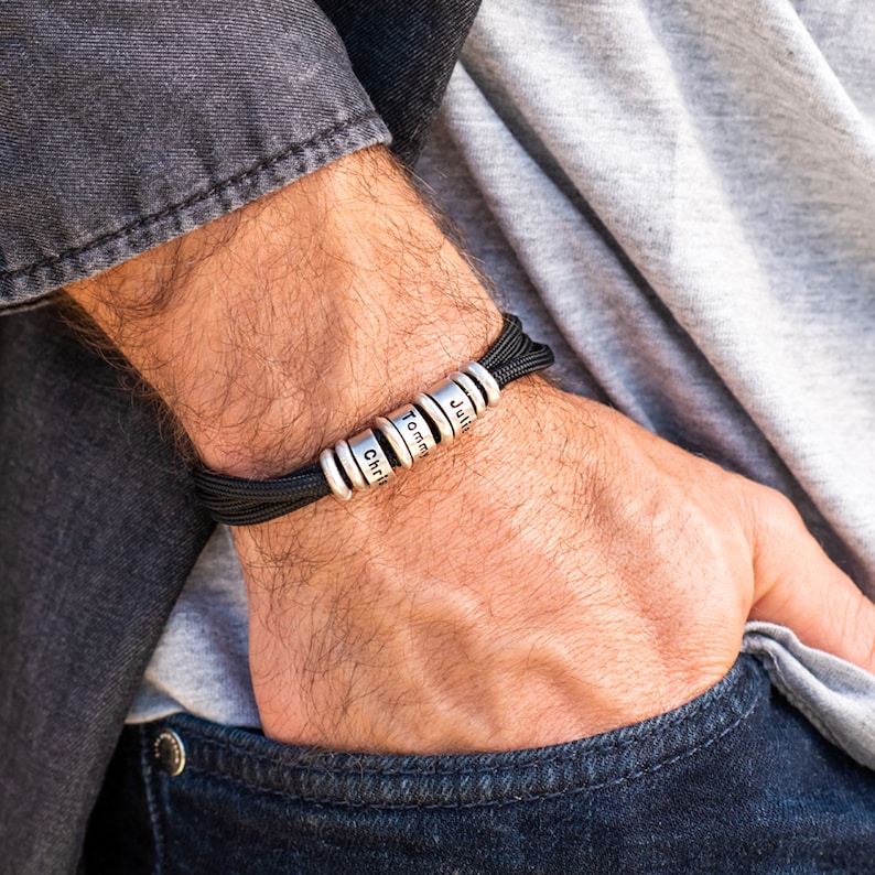 Customizable Men's Silver Beads Bracelet with Engraving Adjustable Cord Personalized Father's Day Jewelry Gifts for Him Dad Husband image 9