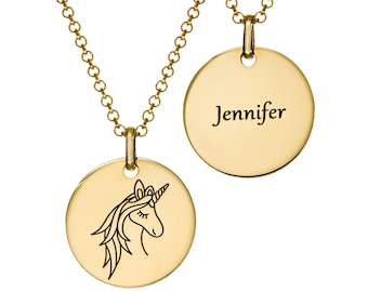 Personalized Engraved Gold Unicorn Coin Pendant Necklace • Customized Girls Women Fairy Tale Mystical for Her Daughter • Mother's Day Gifts