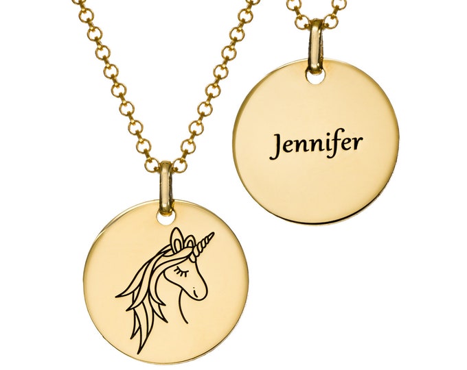 Personalized Engraved Gold Unicorn Coin Pendant Necklace • Customized Girls Women Fairy Tale Mystical for Her Daughter • Mother's Day Gifts