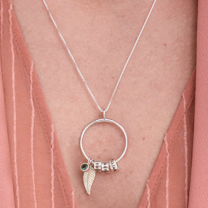 Gold Circle Pendant Necklace Custom Engraved Beads Leaf Etsy