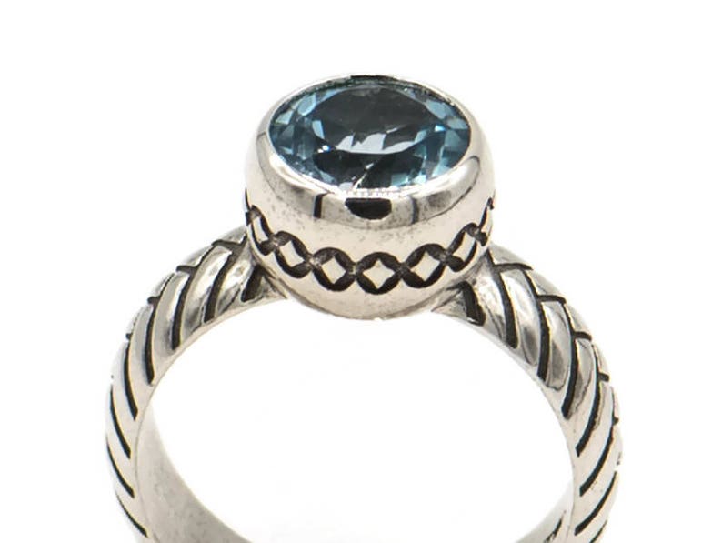 Sterling silver 925 texture oxidized ring with birthstone blue topaz blue pattern band ring December stone big unique women gemstone