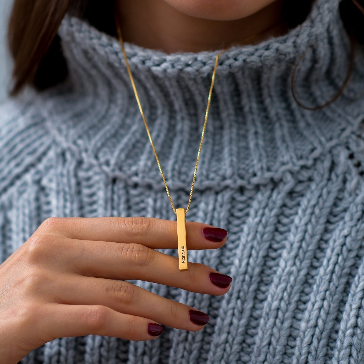 Engraved 3D Vertical Bar Necklace 