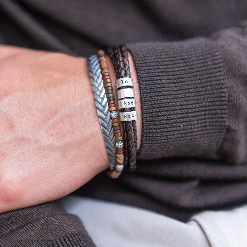 Custom Engraved Brown/Black Leather Bracelet with Small Silver Beads Personalized Names Father's Day Jewelry Gift for Him Dad Husband image 4