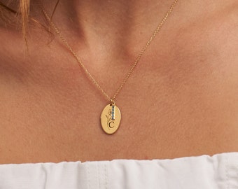 Custom-made Engraved Birth Flower Initial Necklace • Birthstone and Flower • Silver, Gold • Personalized Gifts for Mom Sister Her