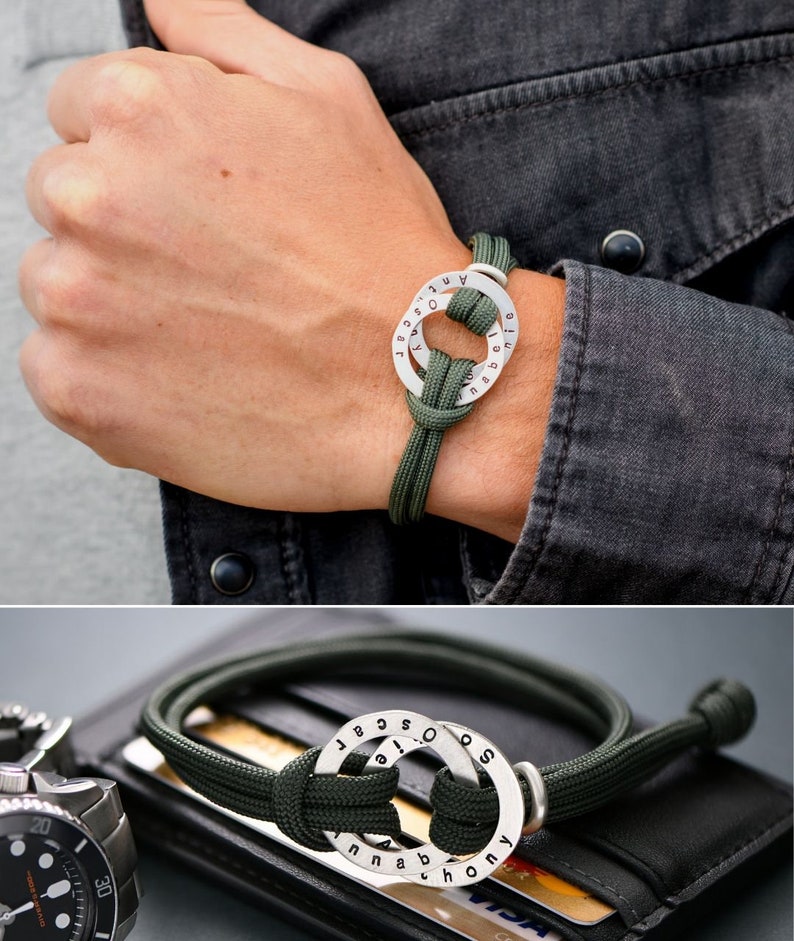 personalized gift Rope Men Bracelet Engraved Custom Hoop in Sterling Silver-Black or Green Cord Custom engraved bracelet Gifts for men