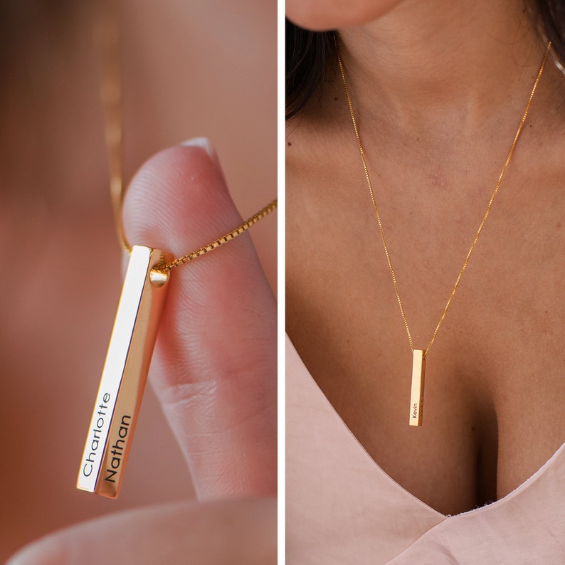 Personalized 3D Vertical Bar Necklace Customized 4 Sides with Engraving Jewelry Gifts for Her Mom Grandma Sister Mother's Day Gift Gold Vermeil Plated