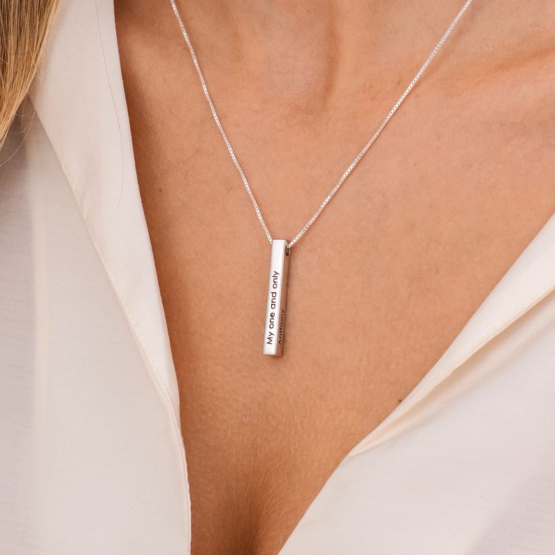 Personalized 3D Vertical Bar Necklace Customized 4 Sides with Engraving Jewelry Gifts for Her Mom Grandma Sister Mother's Day Gift 10K White Gold