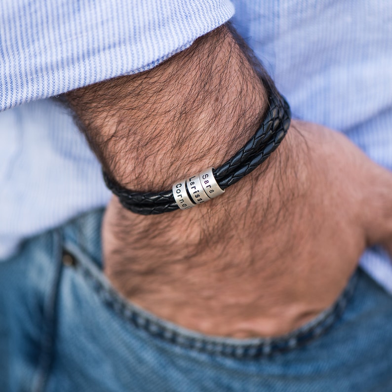 Personalized Men's Bracelet with Custom Engraved Beads Leather Cord with Silver / Gold plated Beads Father's Day jewelry Gift for Men image 4