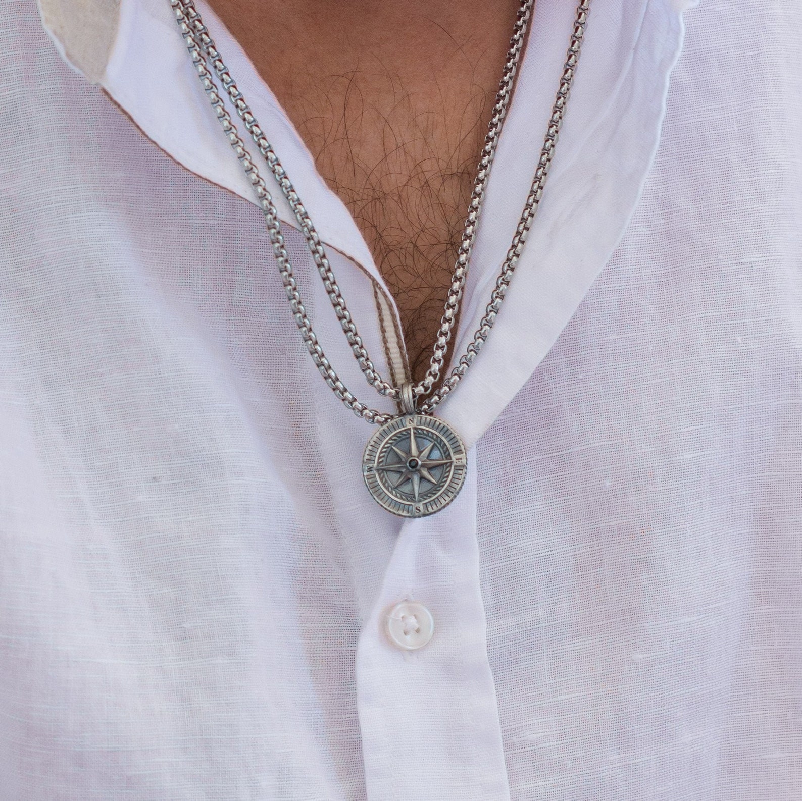 Men's Engraved Compass Pendant Necklace in Silver - Etsy