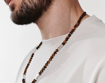 Personalized Men Necklace with Engraved Beads • Lava Stone Beads • Personalized Jewelry Gift for Him Boyfriend • Father's Day Gift for Dad