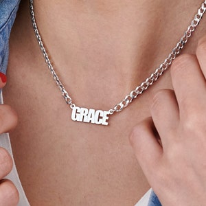 Collar con nombre unisex personalizado • Cadena gruesa de plata y oro gourmette, regalo de joyería para ella, él, novia, novio, mamá