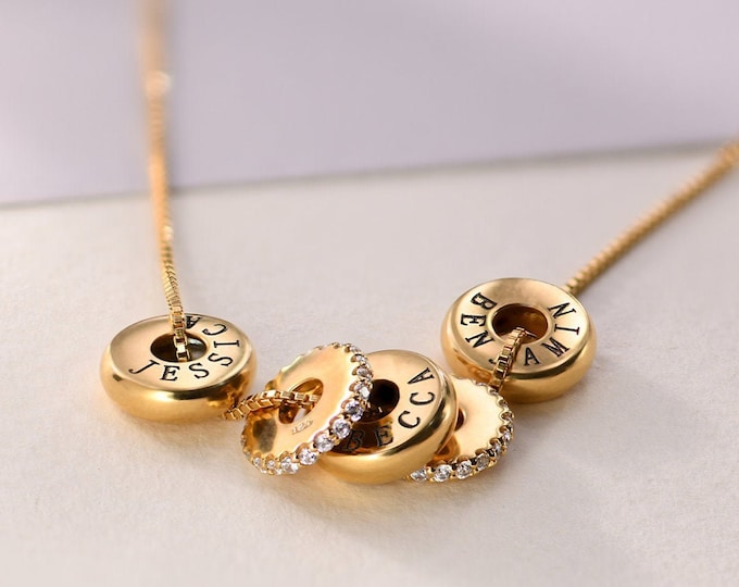 Personalized Engraved Beads Necklace Silver Gold • Custom Disc Engraving Minimalist • Jewelry for Her Mom Grandma • Christmas Gift