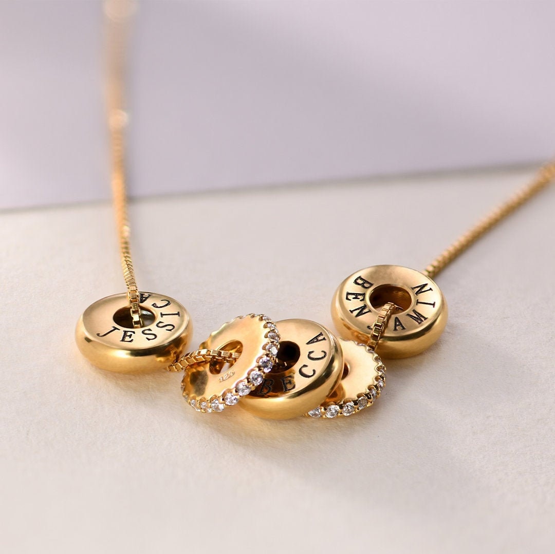 Personalized Engraved Beads Necklace Silver Gold • Custom Disc Engraving Minimalist • Jewelry for Her Mom Grandma • Christmas Gift