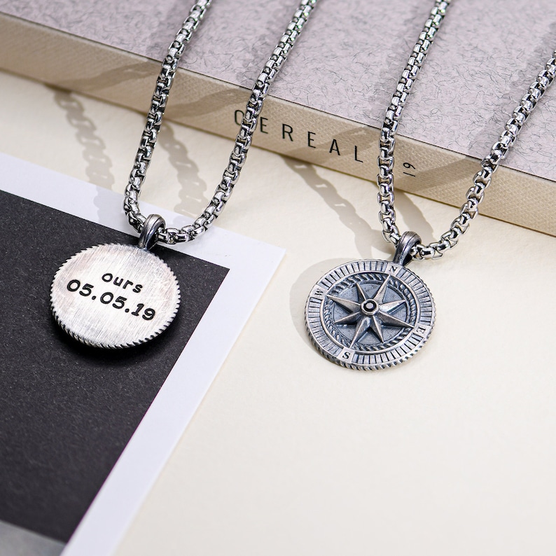 Engraved Silver Compass Pendant Necklace for Men personalized Etsy