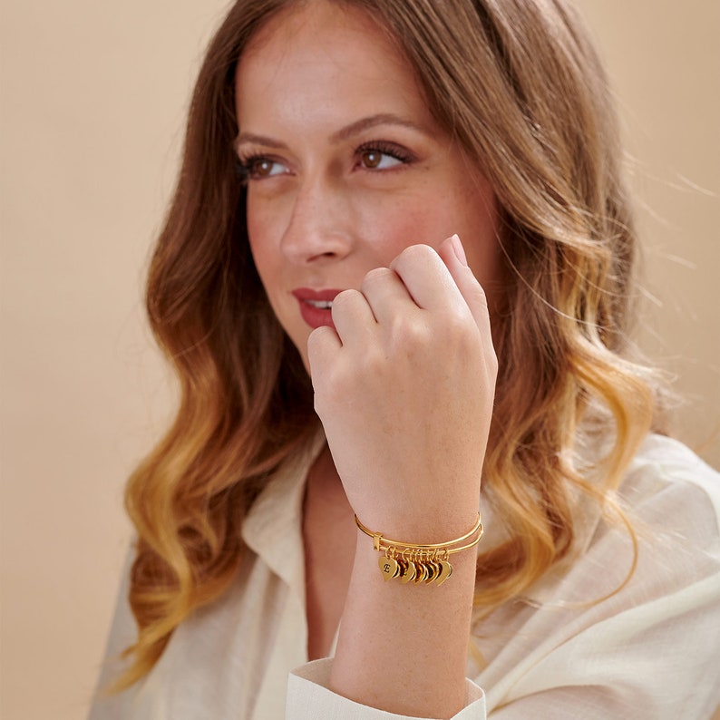 Custom Made Gold Bangle Bracelet With Initial Heart Charms and Etsy