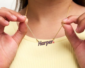 Carrie Mini Twinkle Girls Enamel Name Necklace with Star • Personalized Nameplate for Kids in Silver & Gold • Kids Jewelry Gifts for Her