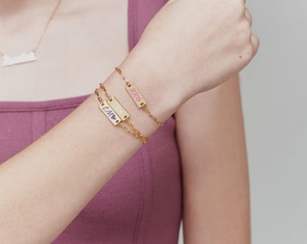 Parade Initial Enamel Bracelet for Girls - Sterling Silver, Gold Personalized Jewelry, Custom Engraved, Colorful Gift for Kids
